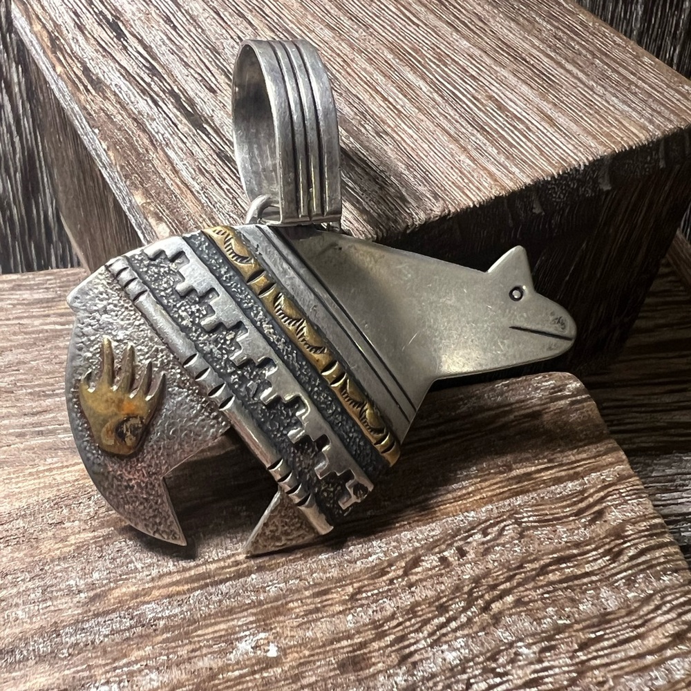 D Sloane Large Stamped Navajo Sterling & Gold Bear Pendant